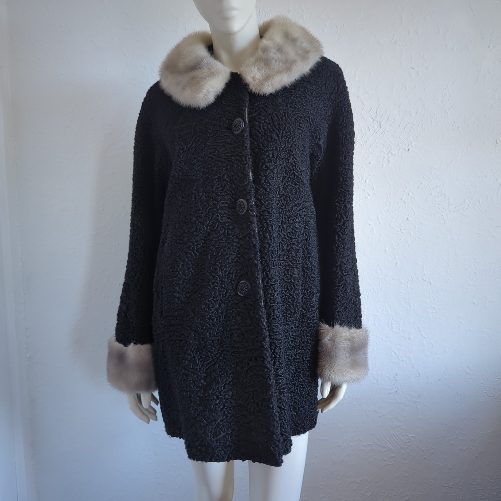 Vintage Slouchy Black Persian Lamb Silver Mink Collar Cuff Trapeze Fur Coat M L